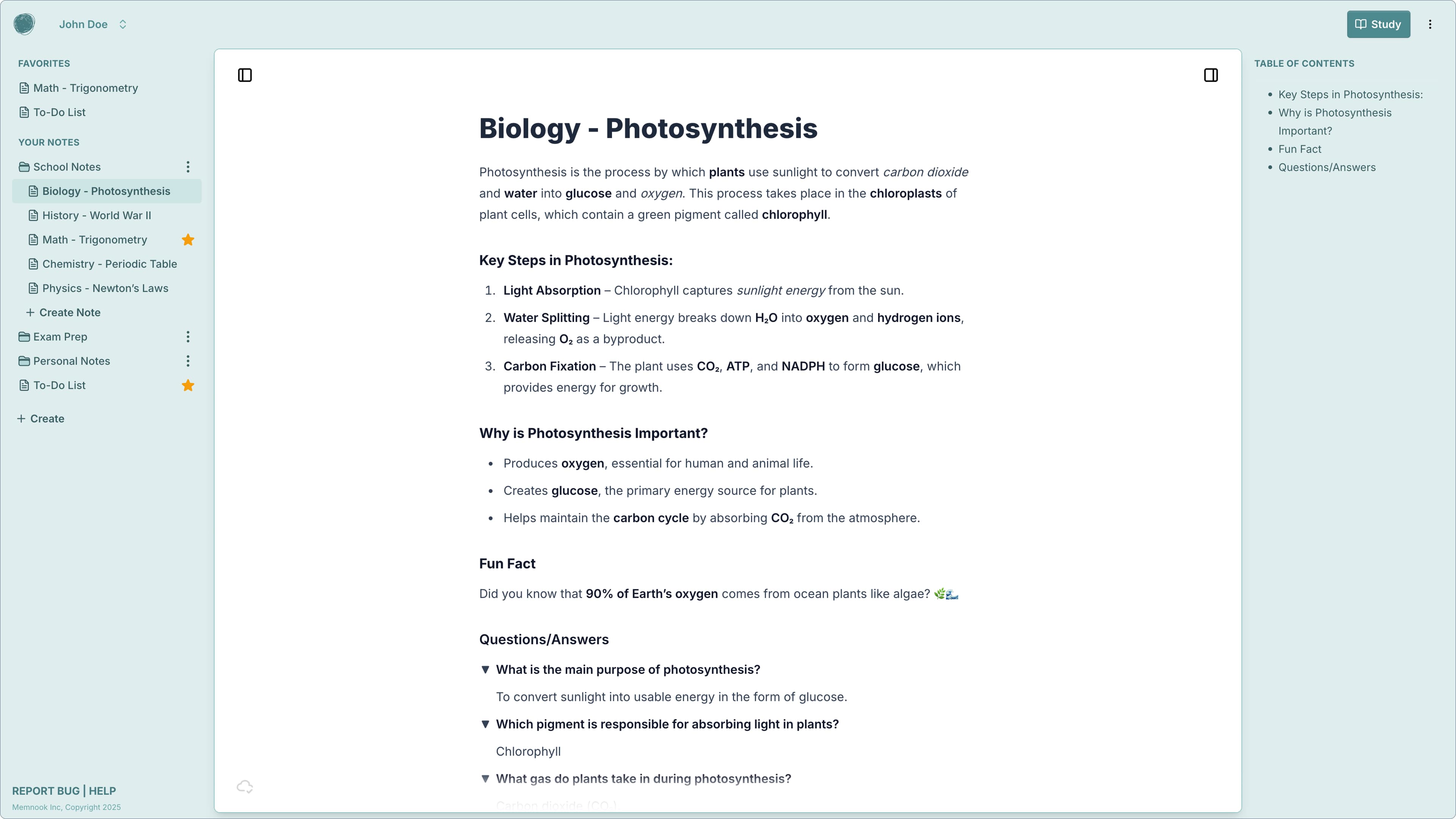 Screenshot of Memnook Web App